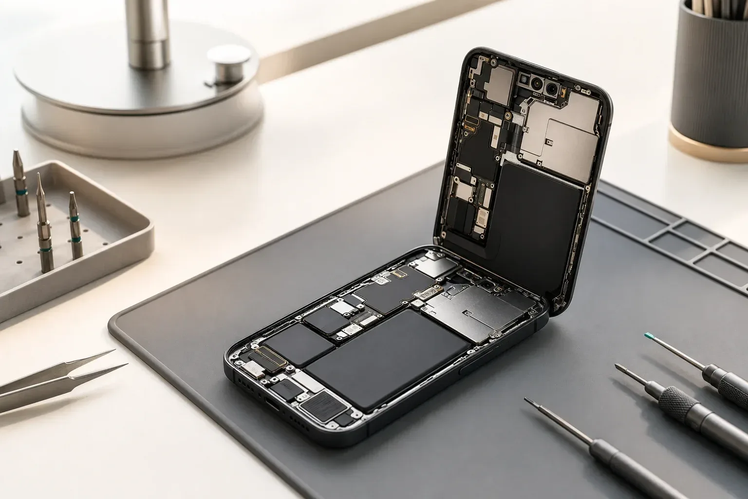 Smartphone aberto sobre bancada de reparo técnico